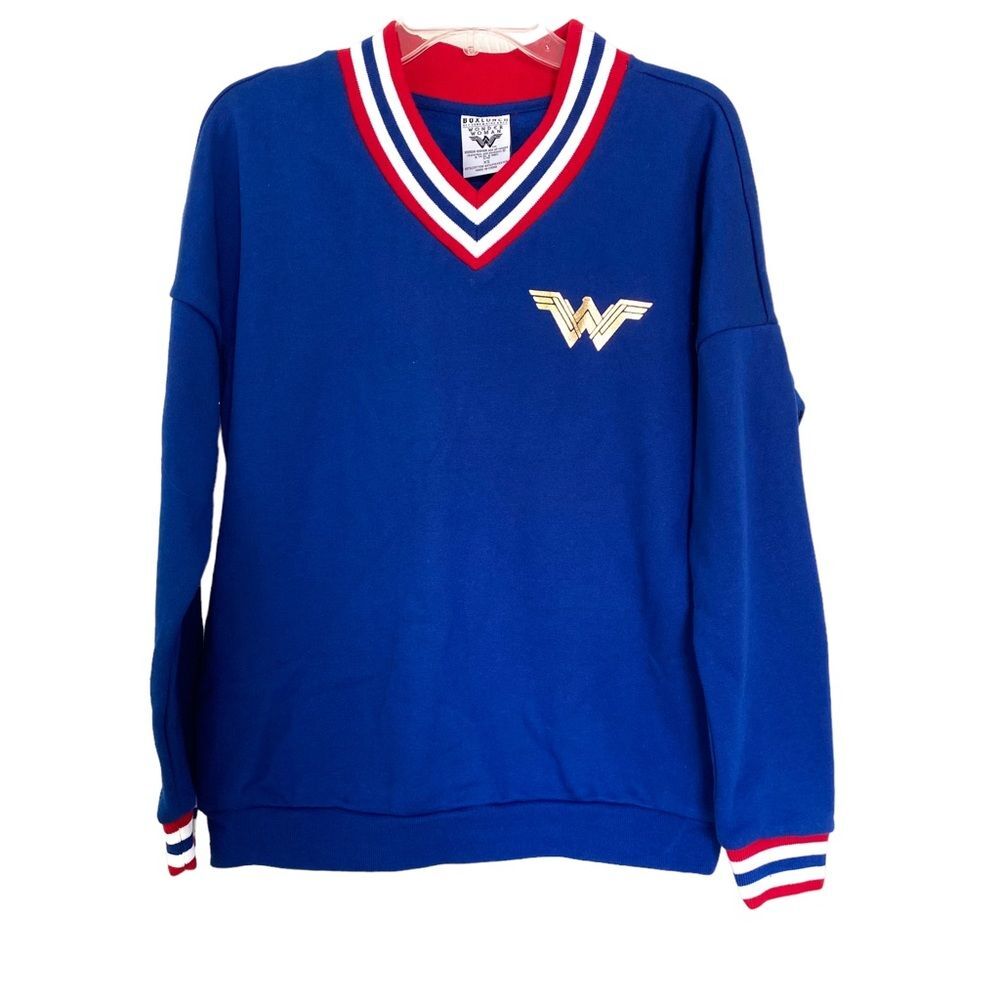 DC Comics Wonder Woman Blue Striped V Neck Retro Pullover Sweater Size XS